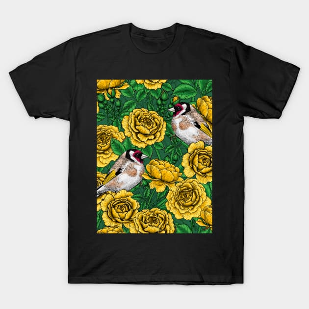 Yellow Rose flowers and goldfinch birds T-Shirt by katerinamk